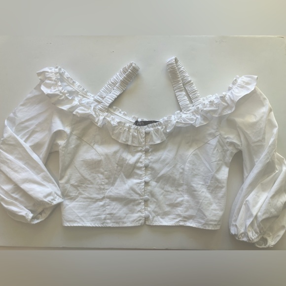 Zara Tops - Zara Women’s Cropped Top, S, White, Ruffled, Puffed Off Shoulder Sleeves, NWT